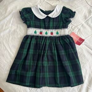 Smocked Christmas Plaid Dress with White Collar
